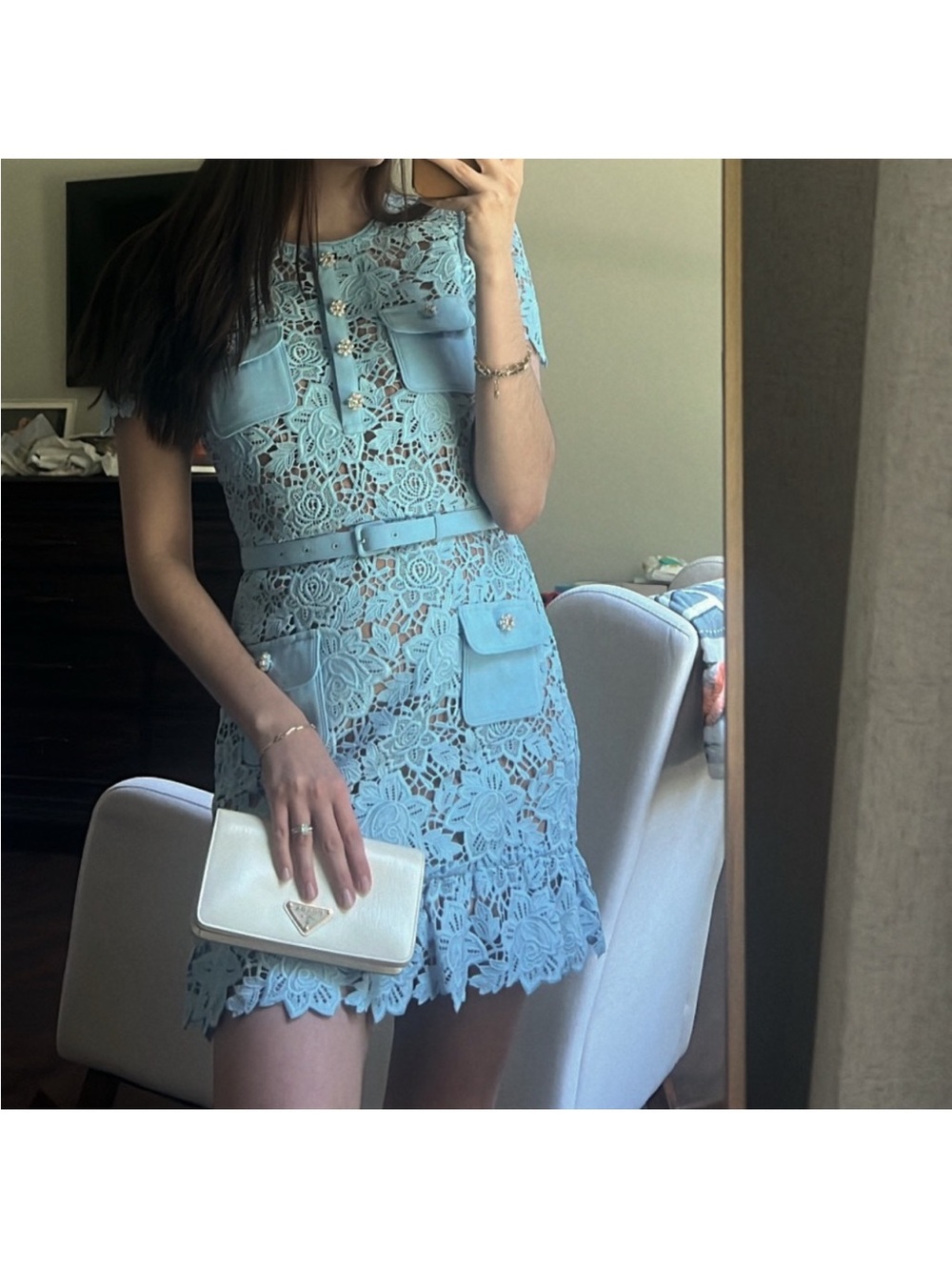 Self-Portrait Sky Blue Crochet lace Belted Mini Dress